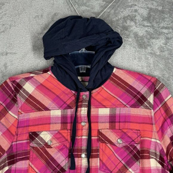 Legendary Whitetails Shirt Women Medium Pink Plaid Shacket Hood Flannel Heritage - Picture 4 of 8